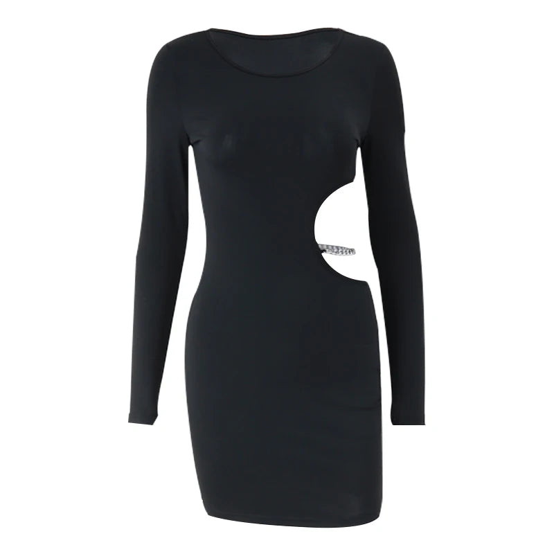 Waist Hollowed Mini Black Dress